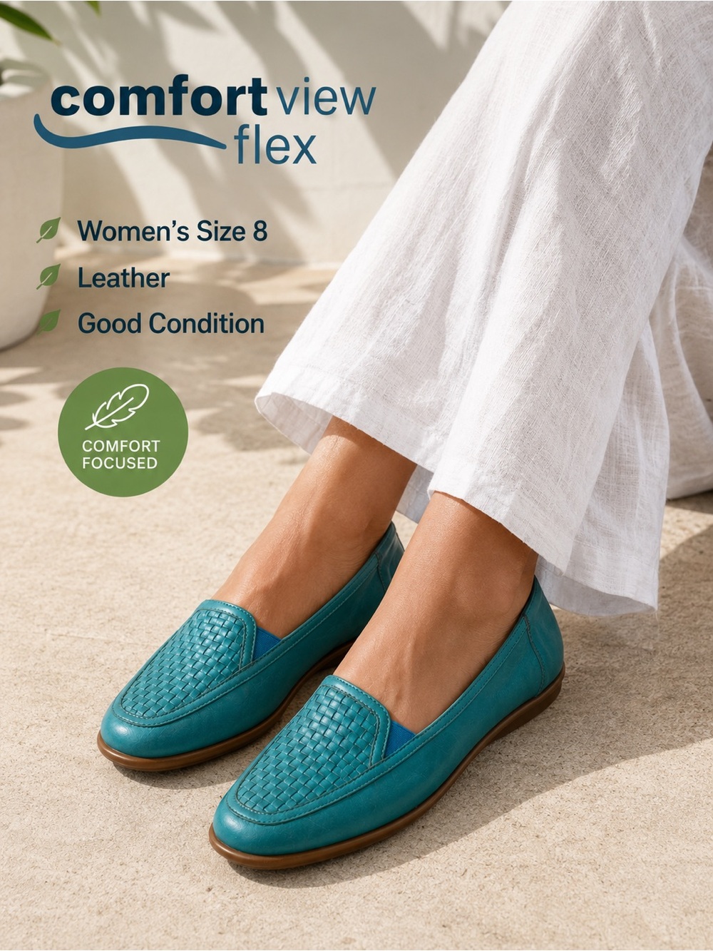 Comfortview Flex Leather Woven Loafers Flats Teal Blue Women’s Size 8 Comfort